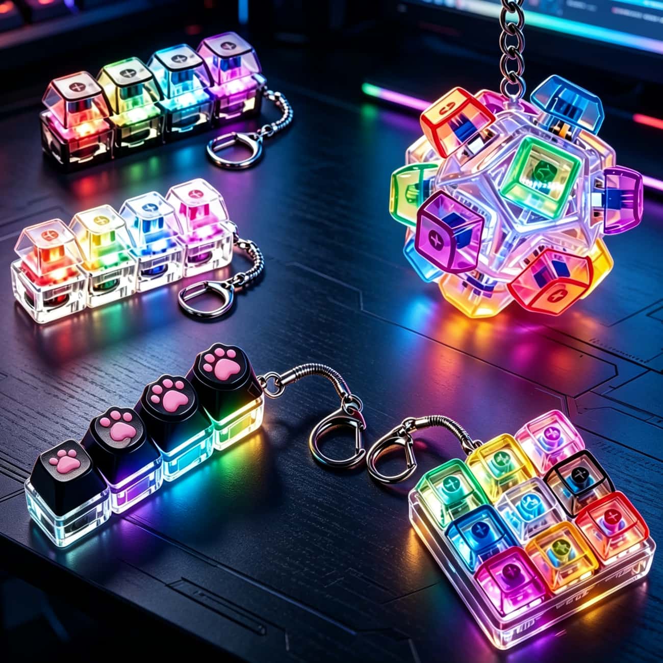 Gaming Keyboard No Rgb - Mechanische Tastatur-Tastenkappen-Schlüsselanhänger, RGB-LED-beleuchtet, transparente Kunst-Tastenkappe, Katzenpfoten-Würfel,
